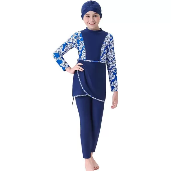 Muslim Swimsuits for Girls Kids Butterfly Islamic Swimwear Burkini Full Cover Hijab Top Pants Swim Costume Bathing SuitBlue