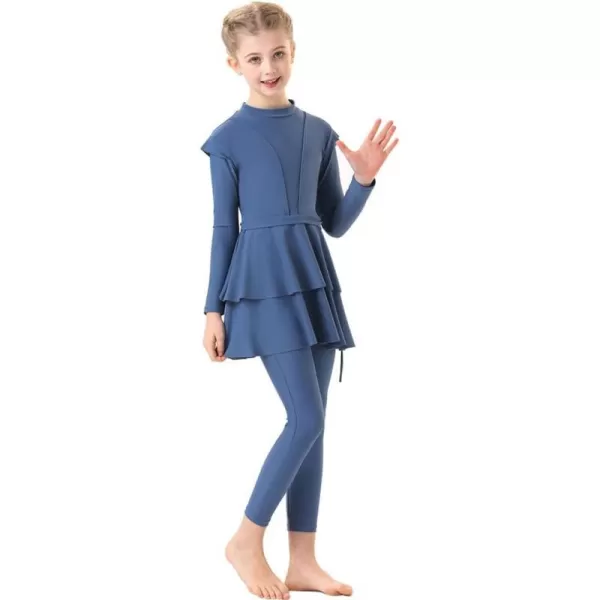 Muslim Swimsuits for Girls Kids Butterfly Islamic Swimwear Burkini Full Cover Hijab Top Pants Swim Costume Bathing SuitDark Blue 3pcs