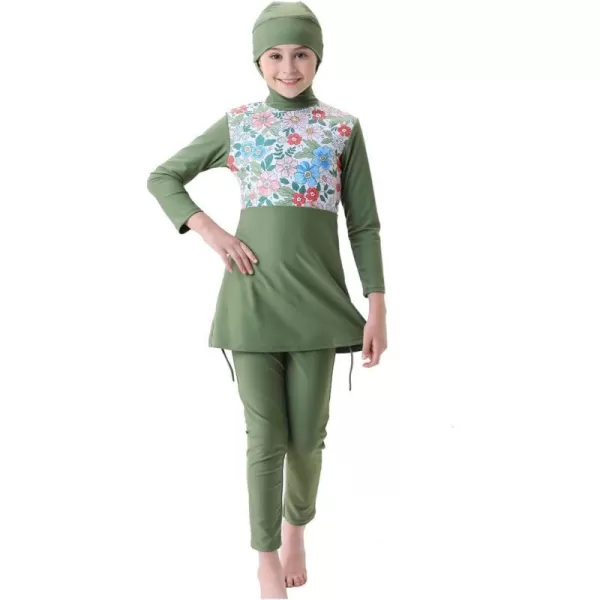 Muslim Swimsuits for Girls Kids Butterfly Islamic Swimwear Burkini Full Cover Hijab Top Pants Swim Costume Bathing SuitGreen  Long Sleeve