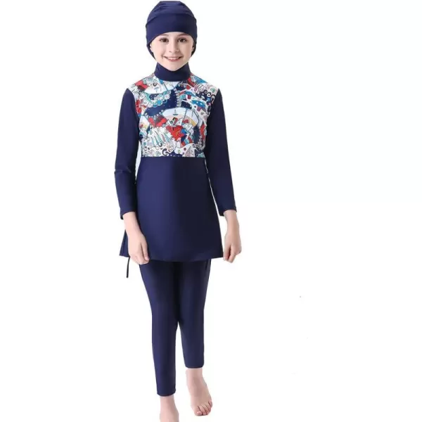 Muslim Swimsuits for Girls Kids Butterfly Islamic Swimwear Burkini Full Cover Hijab Top Pants Swim Costume Bathing SuitNavy Blue  Long Sleeve