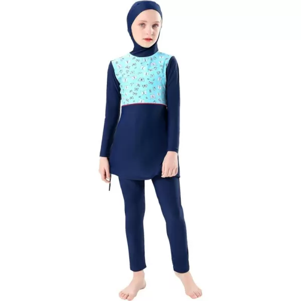 Muslim Swimsuits for Girls Kids Butterfly Islamic Swimwear Burkini Full Cover Hijab Top Pants Swim Costume Bathing SuitNavy Blue Butterfly  Long