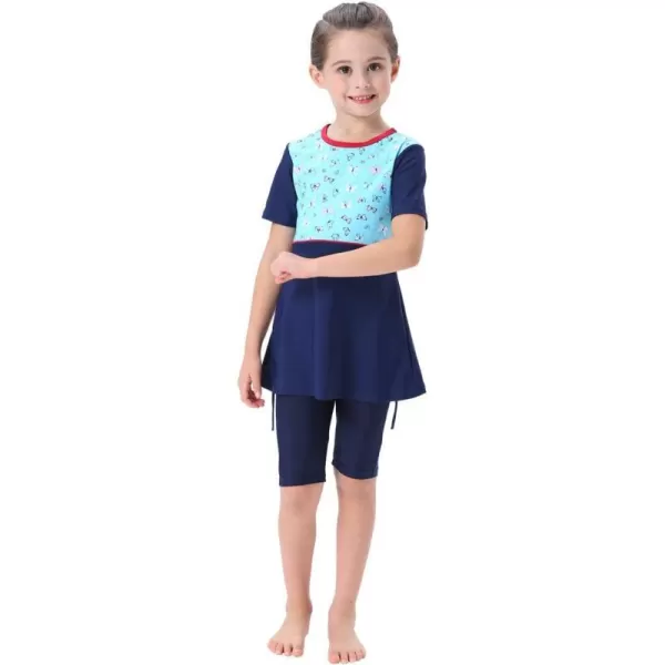 Muslim Swimsuits for Girls Kids Butterfly Islamic Swimwear Burkini Full Cover Hijab Top Pants Swim Costume Bathing SuitNavy Blue Butterfly  Short