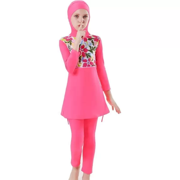 Muslim Swimsuits for Girls Kids Butterfly Islamic Swimwear Burkini Full Cover Hijab Top Pants Swim Costume Bathing SuitPink Floral  Long