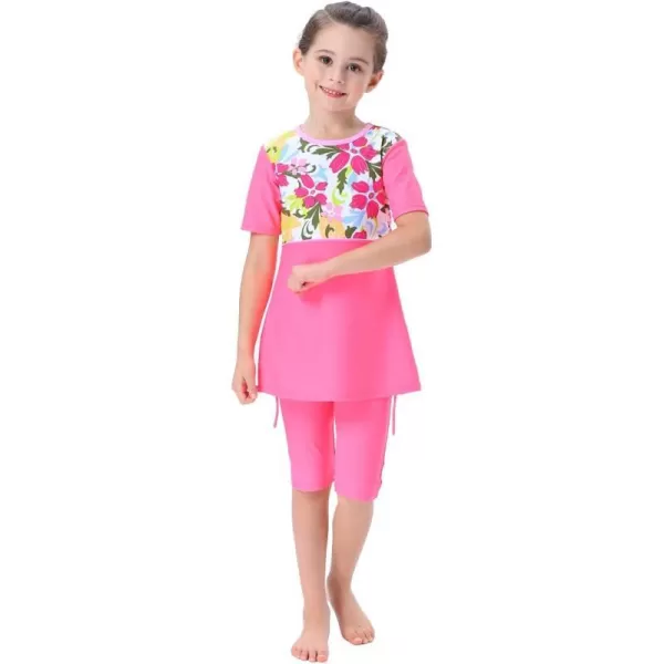 Muslim Swimsuits for Girls Kids Butterfly Islamic Swimwear Burkini Full Cover Hijab Top Pants Swim Costume Bathing SuitPink Floral  Short