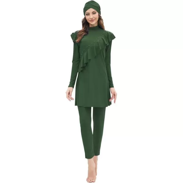 Muslim Swimsuits for Women Islamic Burkini Swimsuits Modest Swimwear Full Cover Hijab Top Pants Costume Bathing SuitArmy Green  Ruffle