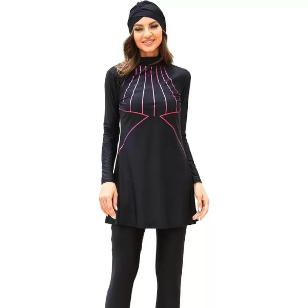 Muslim Swimsuits for Women Islamic Burkini Swimsuits Modest Swimwear Full Cover Hijab Top Pants Costume Bathing SuitBlack  Hot Pink