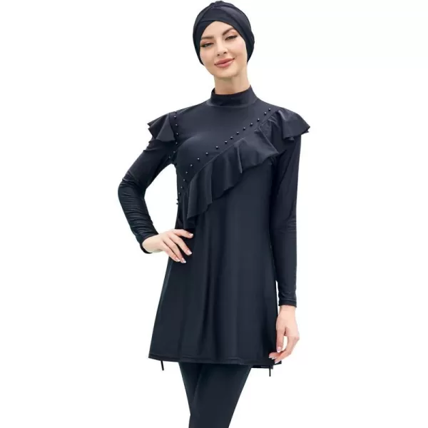 Muslim Swimsuits for Women Islamic Burkini Swimsuits Modest Swimwear Full Cover Hijab Top Pants Costume Bathing SuitBlack  Ruffle