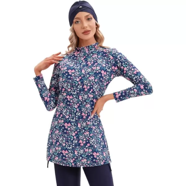 Muslim Swimsuits for Women Islamic Burkini Swimsuits Modest Swimwear Full Cover Hijab Top Pants Costume Bathing SuitBlue  Pink Floral