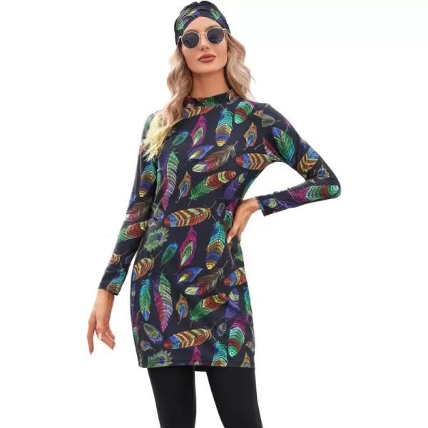 Muslim Swimsuits for Women Islamic Burkini Swimsuits Modest Swimwear Full Cover Hijab Top Pants Costume Bathing SuitColorful Feather