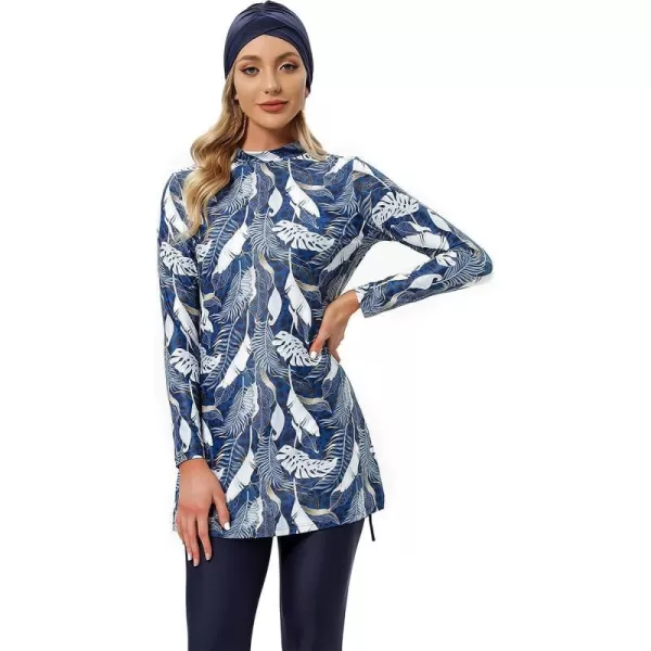 Muslim Swimsuits for Women Islamic Burkini Swimsuits Modest Swimwear Full Cover Hijab Top Pants Costume Bathing SuitDark Blue Leaves