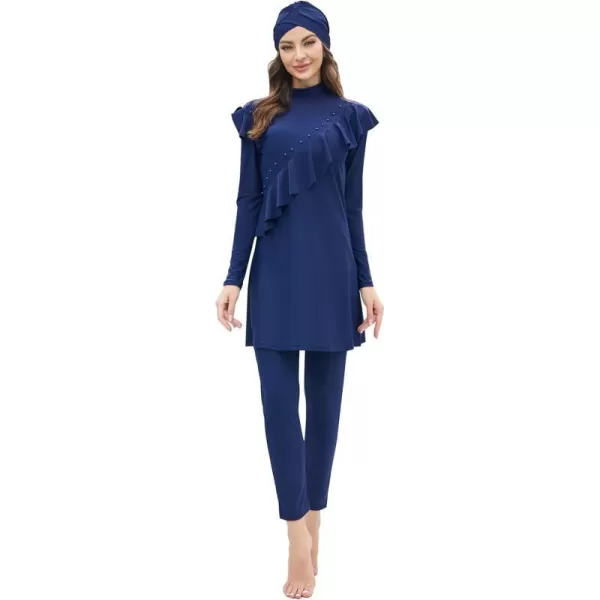 Muslim Swimsuits for Women Islamic Burkini Swimsuits Modest Swimwear Full Cover Hijab Top Pants Costume Bathing SuitNavy Blue  Ruffle