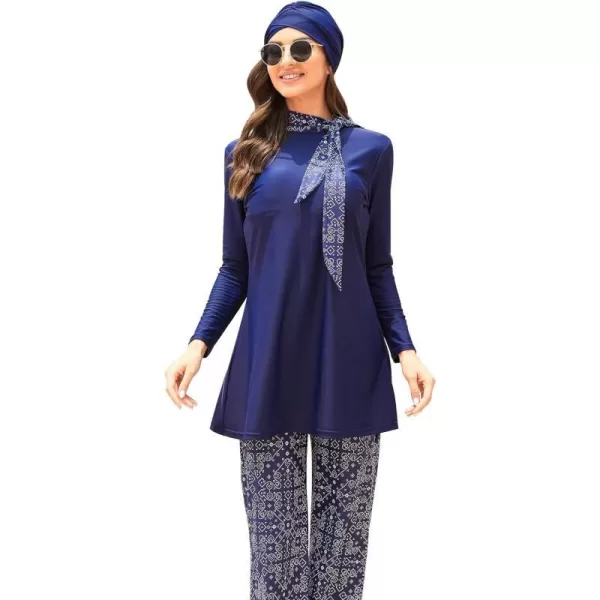 Muslim Swimsuits for Women Islamic Burkini Swimsuits Modest Swimwear Full Cover Hijab Top Pants Costume Bathing SuitNavy Blue Floral