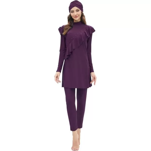 Muslim Swimsuits for Women Islamic Burkini Swimsuits Modest Swimwear Full Cover Hijab Top Pants Costume Bathing SuitPurple  Ruffle