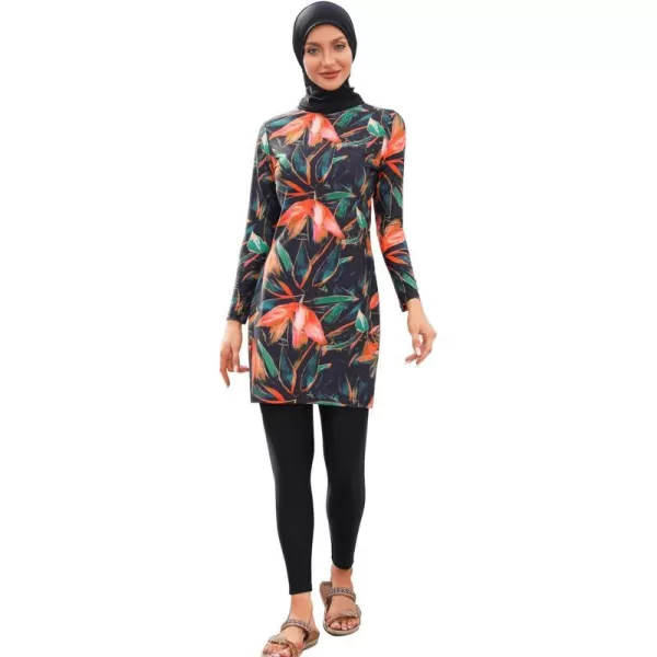 Muslim Swimsuits for Women Islamic Burkini Swimsuits Modest Swimwear Full Cover Hijab Top Pants Costume Bathing SuitRed  Green Flower