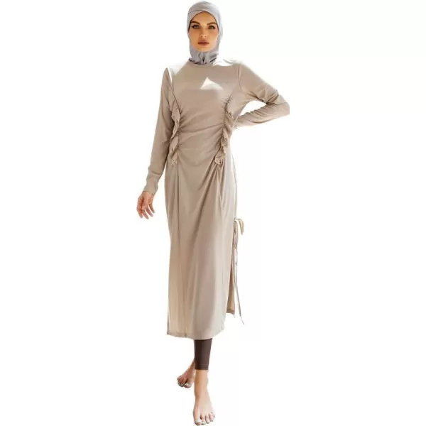 Muslim Swimsuits for Women Modest Islamic Arabic Swimwear Burkini Full Cover Hijab Top Pants Swimming Cap Bathing SuitsApricot