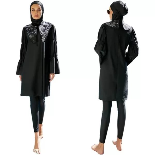 Muslim Swimsuits for Women Modest Islamic Arabic Swimwear Burkini Full Cover Hijab Top Pants Swimming Cap Bathing SuitsBlack  Bell Sleeve