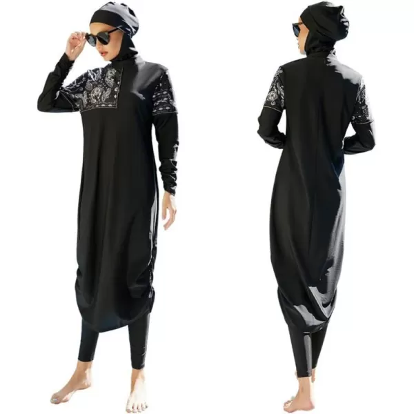 Muslim Swimsuits for Women Modest Islamic Arabic Swimwear Burkini Full Cover Hijab Top Pants Swimming Cap Bathing SuitsBlack  Ruched Hem