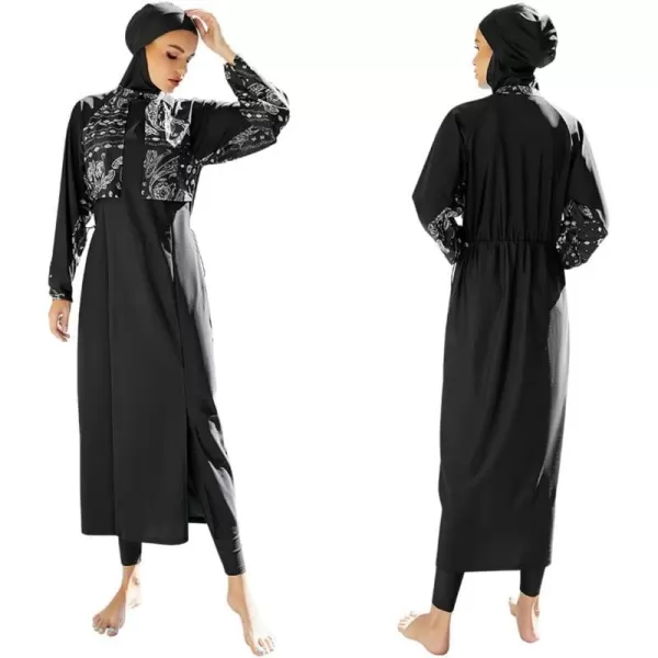 Muslim Swimsuits for Women Modest Islamic Arabic Swimwear Burkini Full Cover Hijab Top Pants Swimming Cap Bathing SuitsBlack  Split Hem