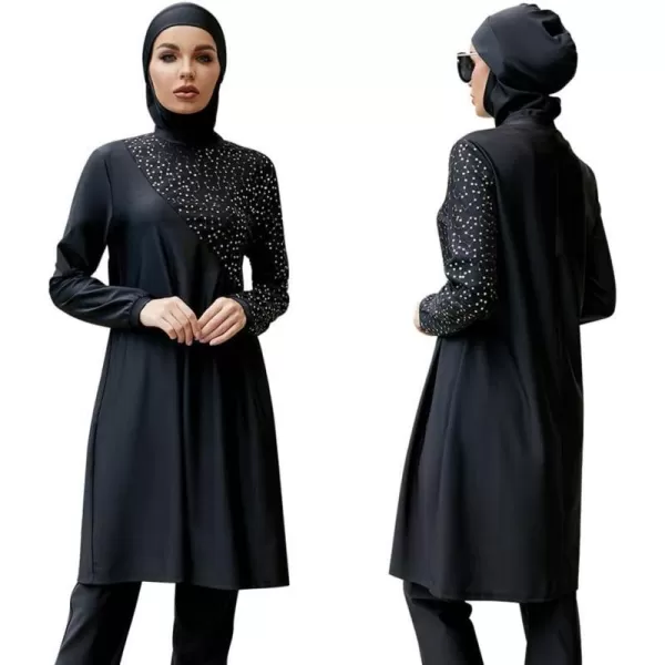 Muslim Swimsuits for Women Modest Islamic Arabic Swimwear Burkini Full Cover Hijab Top Pants Swimming Cap Bathing SuitsBlack Dots