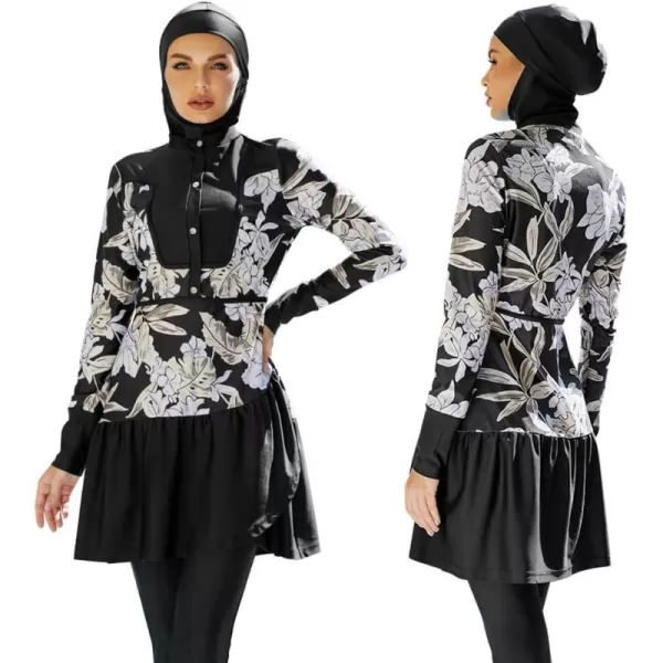 Muslim Swimsuits for Women Modest Islamic Arabic Swimwear Burkini Full Cover Hijab Top Pants Swimming Cap Bathing SuitsBlack Floral  Button