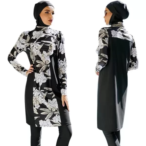 Muslim Swimsuits for Women Modest Islamic Arabic Swimwear Burkini Full Cover Hijab Top Pants Swimming Cap Bathing SuitsBlack Floral  Long