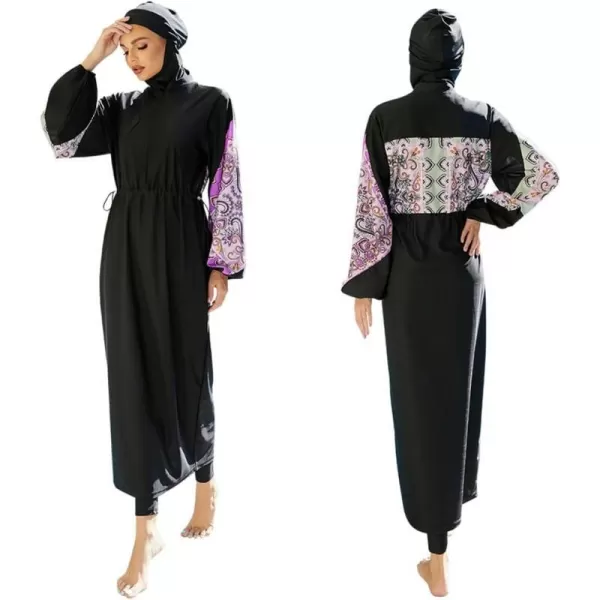 Muslim Swimsuits for Women Modest Islamic Arabic Swimwear Burkini Full Cover Hijab Top Pants Swimming Cap Bathing SuitsBlack Floral