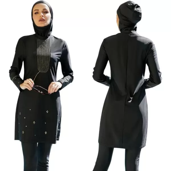 Muslim Swimsuits for Women Modest Islamic Arabic Swimwear Burkini Full Cover Hijab Top Pants Swimming Cap Bathing SuitsBlack Flower