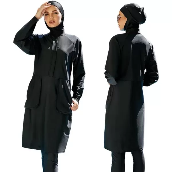 Muslim Swimsuits for Women Modest Islamic Arabic Swimwear Burkini Full Cover Hijab Top Pants Swimming Cap Bathing SuitsBlack Solid