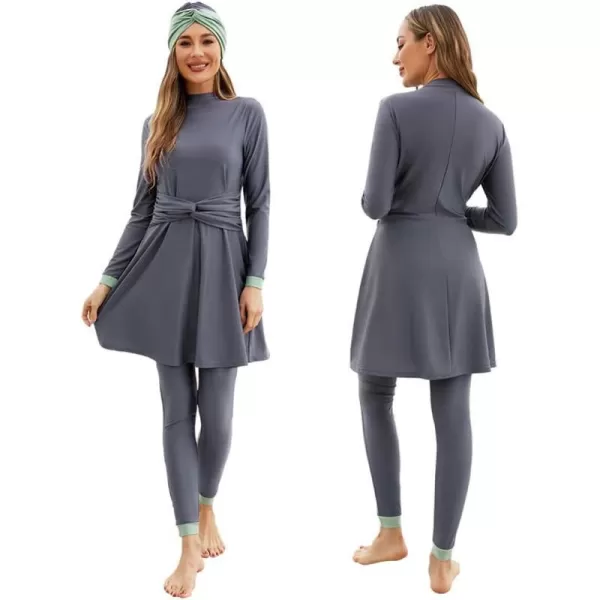 Muslim Swimsuits for Women Modest Islamic Arabic Swimwear Burkini Full Cover Hijab Top Pants Swimming Cap Bathing SuitsGray  Knot Front