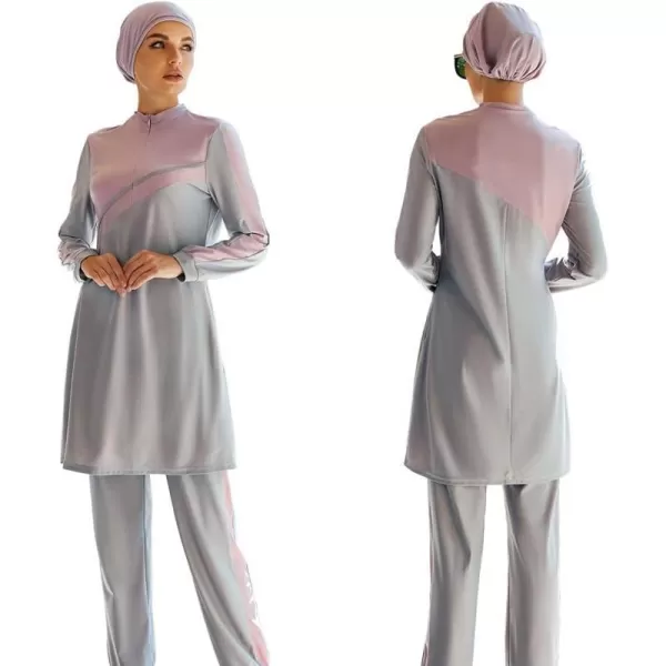 Muslim Swimsuits for Women Modest Islamic Arabic Swimwear Burkini Full Cover Hijab Top Pants Swimming Cap Bathing SuitsGray  Pink  Cap