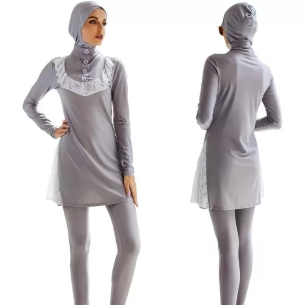 Muslim Swimsuits for Women Modest Islamic Arabic Swimwear Burkini Full Cover Hijab Top Pants Swimming Cap Bathing SuitsGray