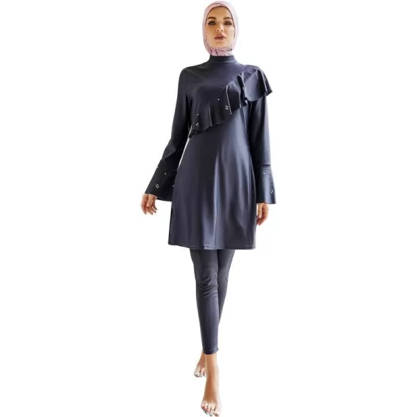 Muslim Swimsuits for Women Modest Islamic Arabic Swimwear Burkini Full Cover Hijab Top Pants Swimming Cap Bathing SuitsGreyblue