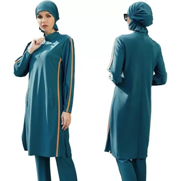 Muslim Swimsuits for Women Modest Islamic Arabic Swimwear Burkini Full Cover Hijab Top Pants Swimming Cap Bathing SuitsLake Blue