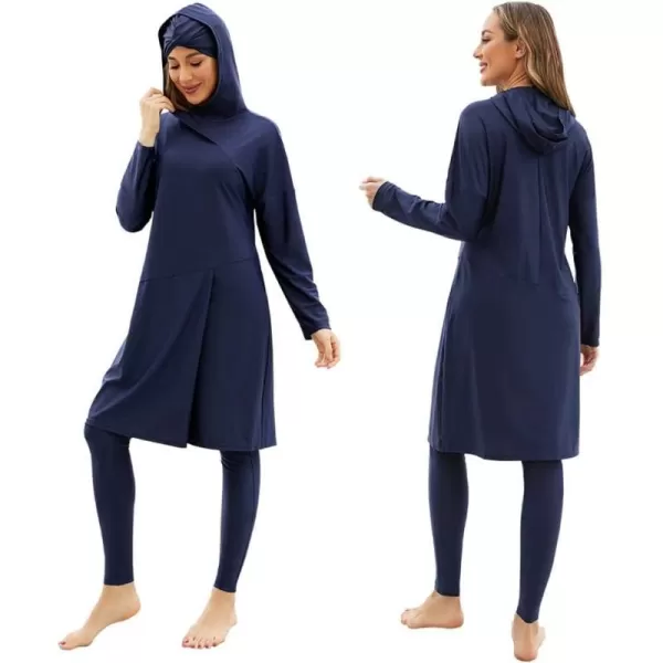 Muslim Swimsuits for Women Modest Islamic Arabic Swimwear Burkini Full Cover Hijab Top Pants Swimming Cap Bathing SuitsNavy Blue