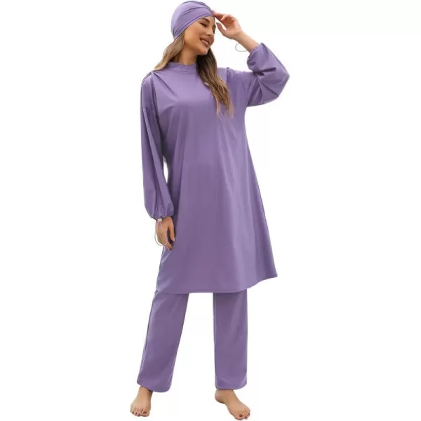 Muslim Swimsuits for Women Modest Islamic Arabic Swimwear Burkini Full Cover Hijab Top Pants Swimming Cap Bathing SuitsPurple