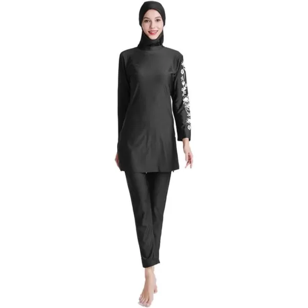 Muslim Swimsuits for Women Modest Islamic Swimwear Burkini Full Cover Hijab Top Pants with Swimming Cap Bathing SuitsBlack  Floral