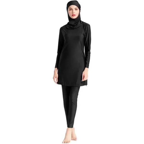 Muslim Swimsuits for Women Modest Islamic Swimwear Burkini Full Cover Hijab Top Pants with Swimming Cap Bathing SuitsBlack  Solid