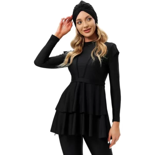 Muslim Swimsuits for Women Modest Islamic Swimwear Burkini Full Cover Hijab Top Pants with Swimming Cap Bathing SuitsBlack