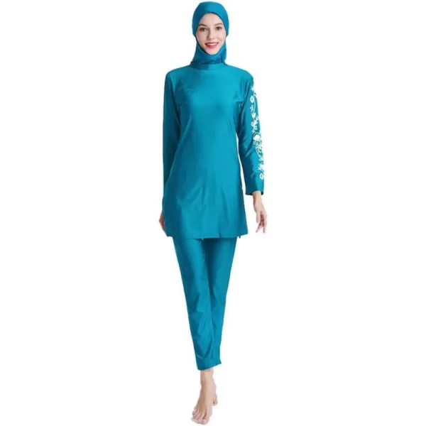 Muslim Swimsuits for Women Modest Islamic Swimwear Burkini Full Cover Hijab Top Pants with Swimming Cap Bathing SuitsBlue  Floral