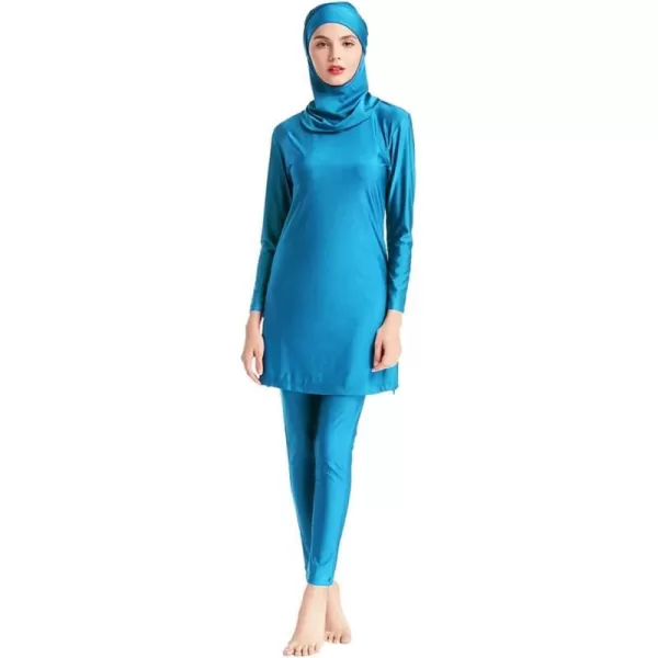 Muslim Swimsuits for Women Modest Islamic Swimwear Burkini Full Cover Hijab Top Pants with Swimming Cap Bathing SuitsBlue  Solid