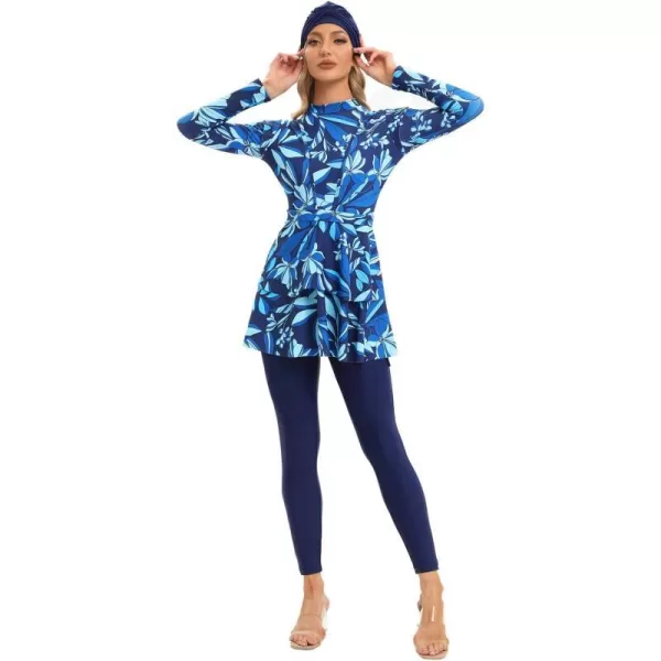 Muslim Swimsuits for Women Modest Islamic Swimwear Burkini Full Cover Hijab Top Pants with Swimming Cap Bathing SuitsBlue Floral Print