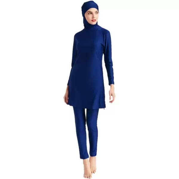 Muslim Swimsuits for Women Modest Islamic Swimwear Burkini Full Cover Hijab Top Pants with Swimming Cap Bathing SuitsDark Blue  Solid