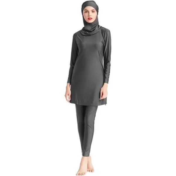 Muslim Swimsuits for Women Modest Islamic Swimwear Burkini Full Cover Hijab Top Pants with Swimming Cap Bathing SuitsGray  Solid