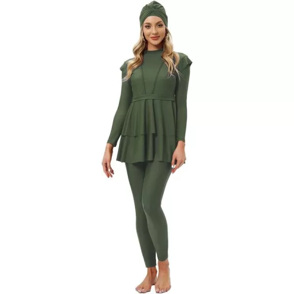 Muslim Swimsuits for Women Modest Islamic Swimwear Burkini Full Cover Hijab Top Pants with Swimming Cap Bathing SuitsGreen