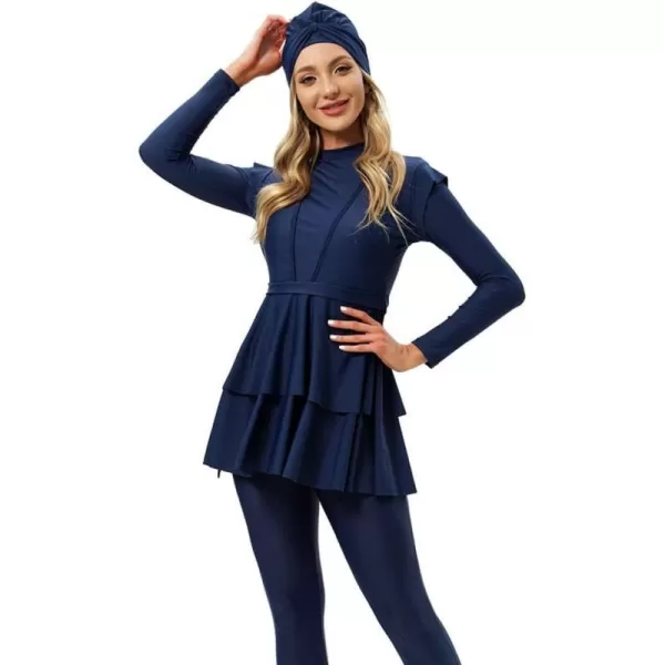 Muslim Swimsuits for Women Modest Islamic Swimwear Burkini Full Cover Hijab Top Pants with Swimming Cap Bathing SuitsNavy Blue