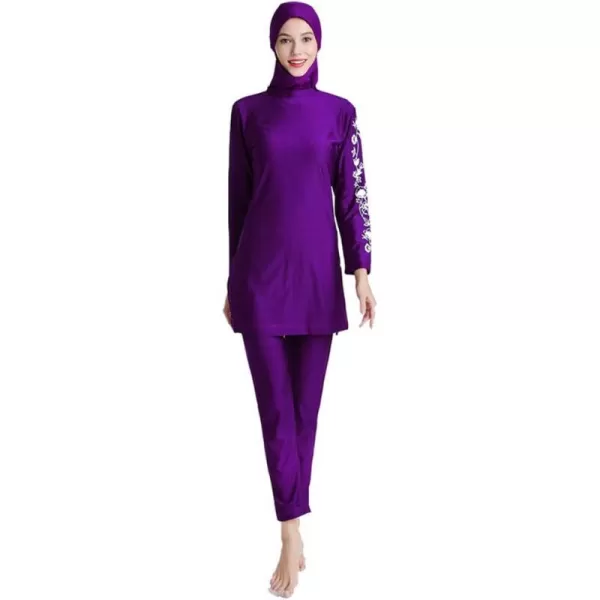 Muslim Swimsuits for Women Modest Islamic Swimwear Burkini Full Cover Hijab Top Pants with Swimming Cap Bathing SuitsPurple  Floral