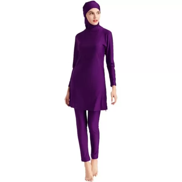 Muslim Swimsuits for Women Modest Islamic Swimwear Burkini Full Cover Hijab Top Pants with Swimming Cap Bathing SuitsPurple  Solid