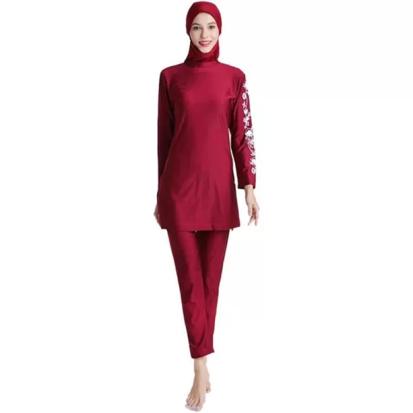 Muslim Swimsuits for Women Modest Islamic Swimwear Burkini Full Cover Hijab Top Pants with Swimming Cap Bathing SuitsRed  Floral