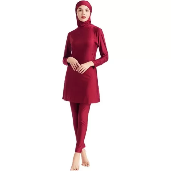 Muslim Swimsuits for Women Modest Islamic Swimwear Burkini Full Cover Hijab Top Pants with Swimming Cap Bathing SuitsRed  Solid