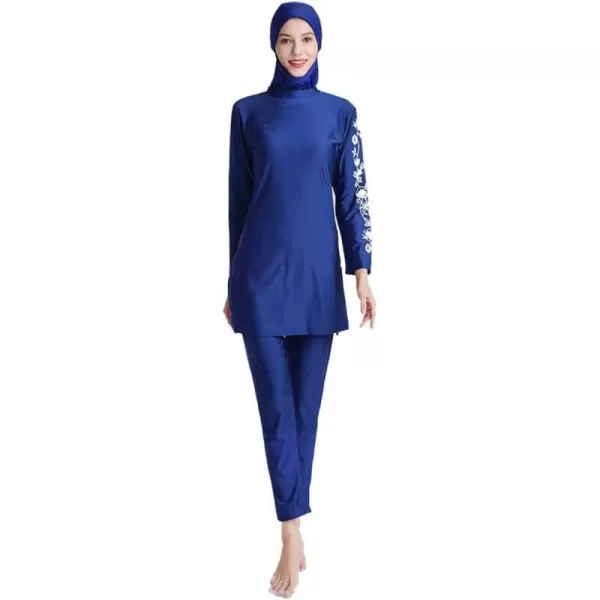 Muslim Swimsuits for Women Modest Islamic Swimwear Burkini Full Cover Hijab Top Pants with Swimming Cap Bathing SuitsRoyal Blue  Floral